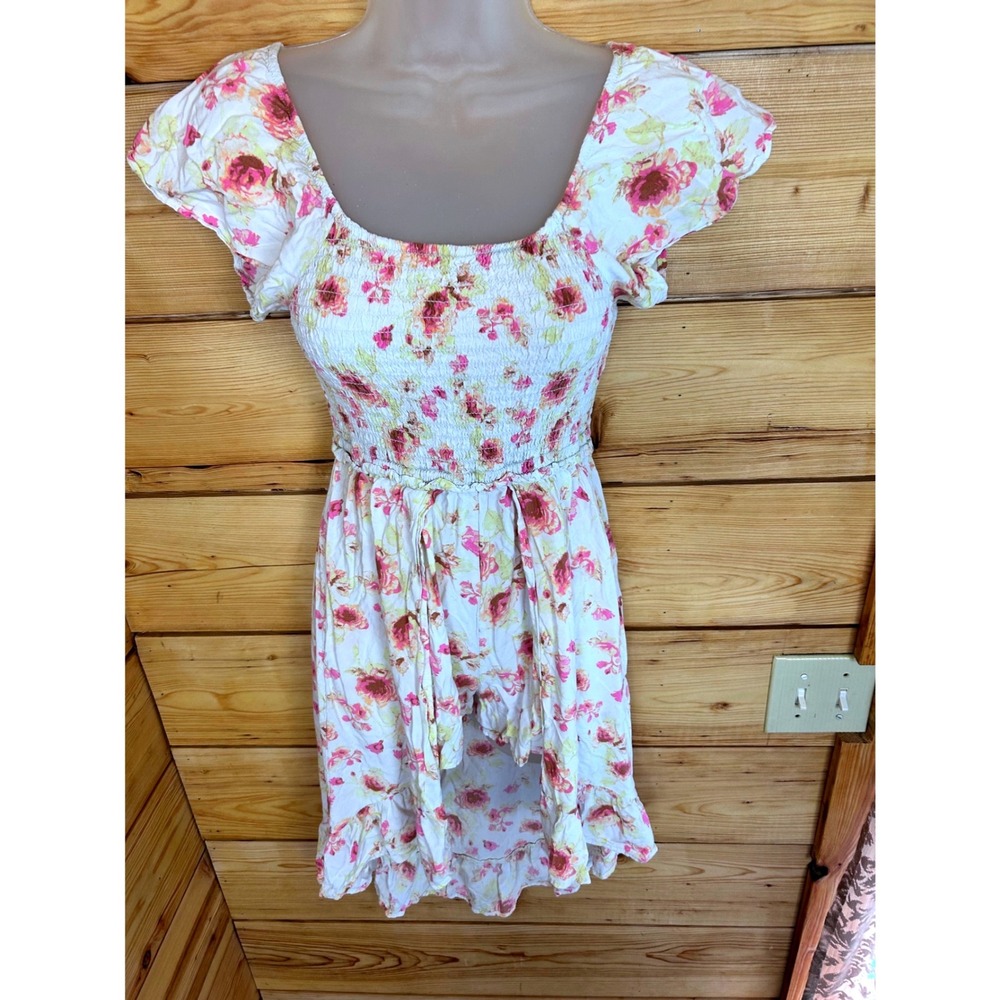 Floral High Low Romper Skort Dress Smocked Flutter Sleeve Pink Yellow Rose Print - Picture 5 of 13